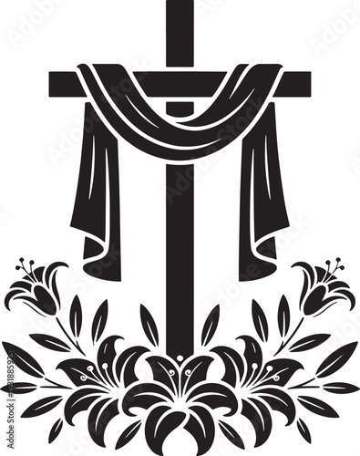 A black silhouette of a cross with draped cloth and surrounding floral elements