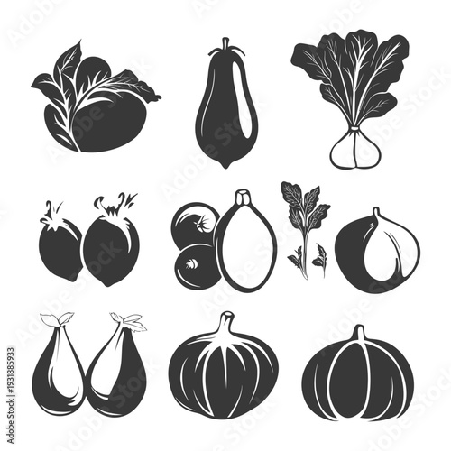 Black and White Silhouettes of Various Fruits and Vegetables