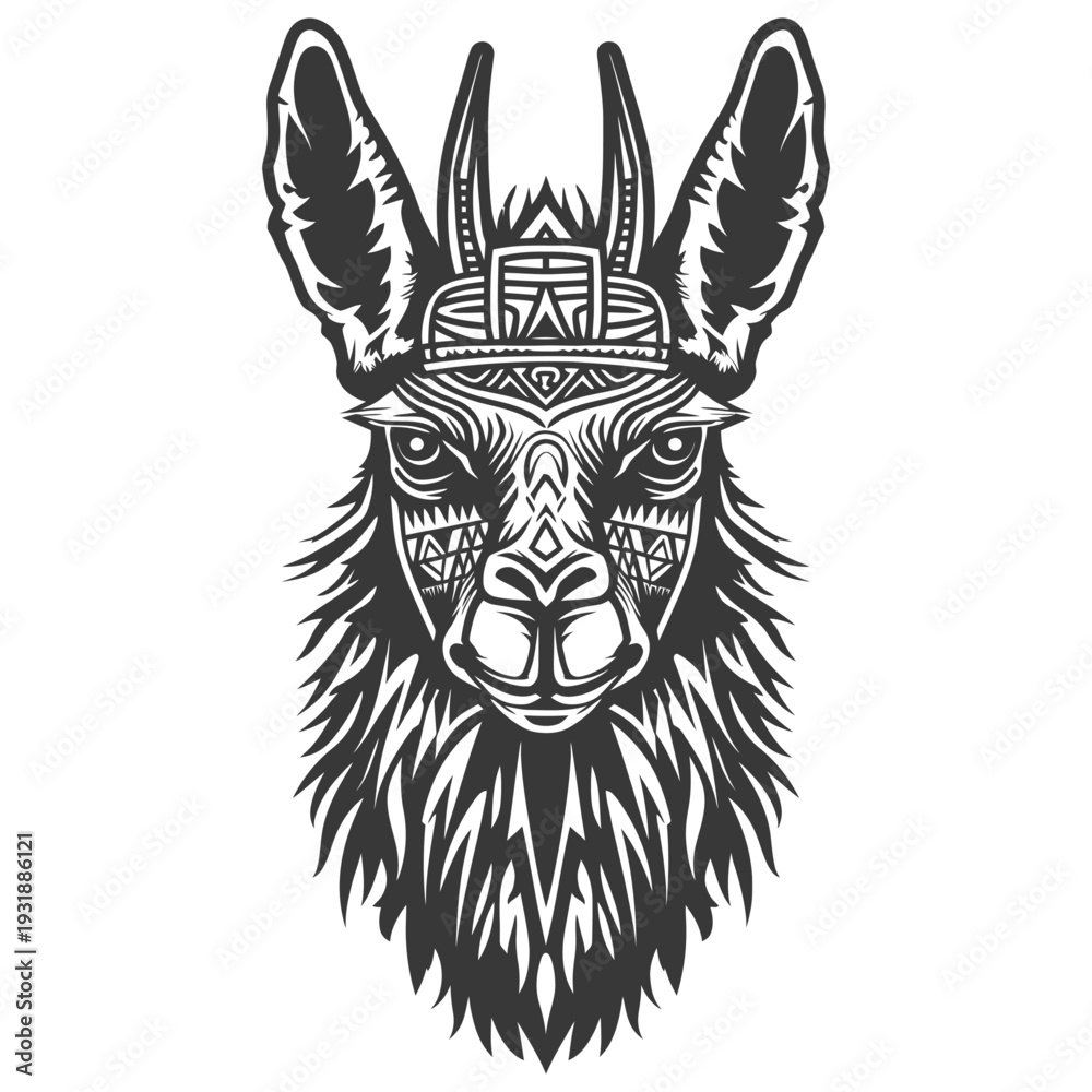 Fototapeta premium Black and White Tribal Llama Head with Detailed Patterns