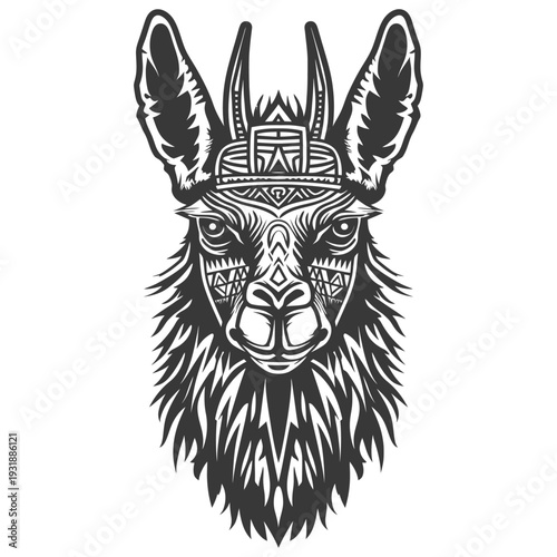 Black and White Tribal Llama Head with Detailed Patterns