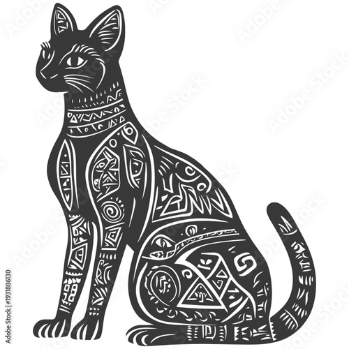 Black and White Tribal Pattern Cat Silhouette