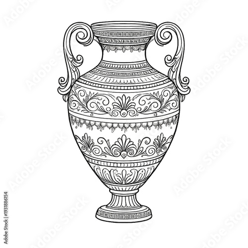 Elegant Ancient Greek Amphora Vector Illustration: Intricate Ornamental Vase Design, Hand-Drawn Classical Pottery Art for Historical and Cultural Projects