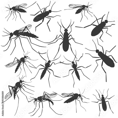 Black Silhouette Illustration of Mosquitoes in Various Poses