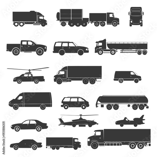 Black Silhouettes of Various Vehicles and Transportation