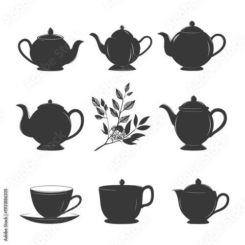 Black Silhouettes of Teapots and Teacups