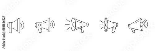 Megaphone line icon set. Loudspeaker announcement outline vector isolated on white background