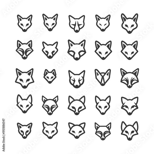 Collection of 25 Stylized Fox Head Icons in Black Outline
