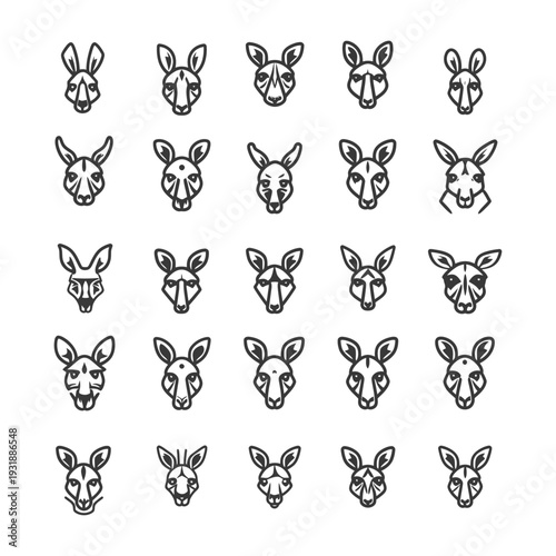 Collection of 25 Stylized Kangaroo Head Line Art Illustrations