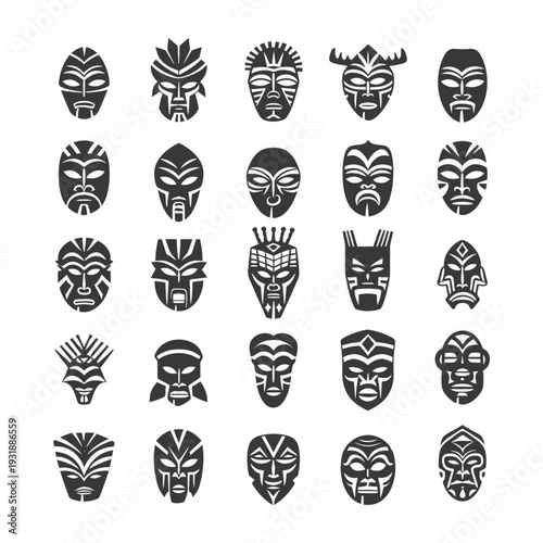 Collection of 25 Tribal Masks with Geometric Patterns