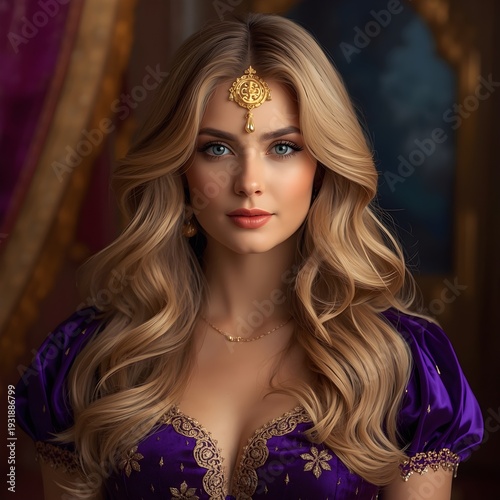Elegant Young Woman in Regal Purple Dress with Traditional Jewelry and Long Wavy