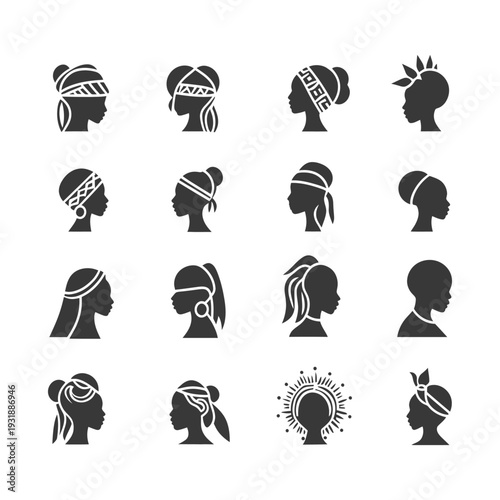 Collection of African Woman's Head Silhouettes with Different Hairstyles