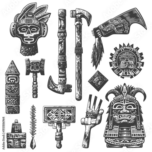 Collection of Ancient Aztec and Mayan Tribal Artifacts and Weapons