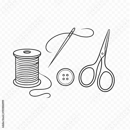 Essential Sewing Tools Outline Vector Set: Spool of Thread, Needle, Button, and Scissors. Perfect for Crafting, Fashion Design, Textile Art, and DIY Projects.