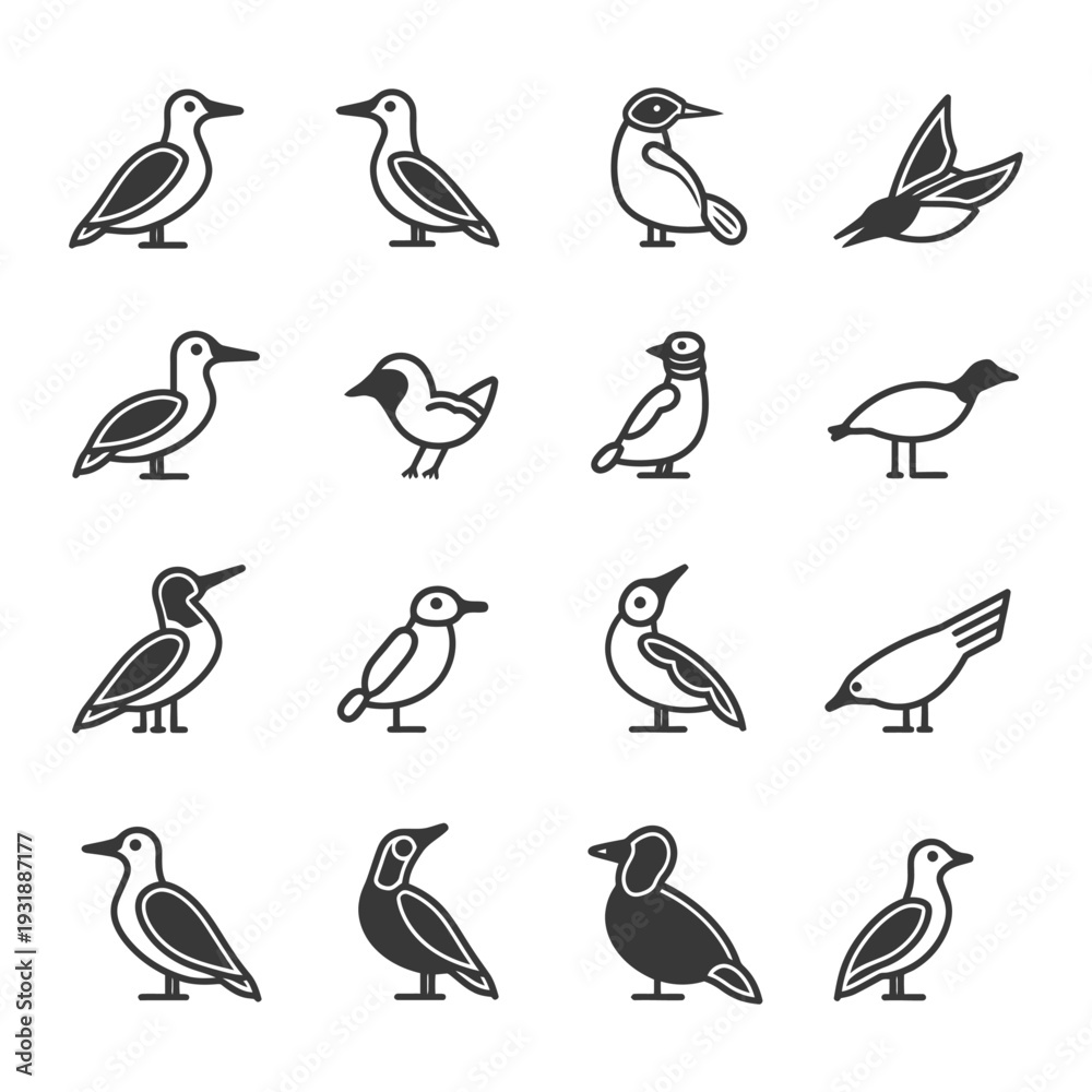 Obraz premium Collection of Bird Icons in Black and White Outline Style