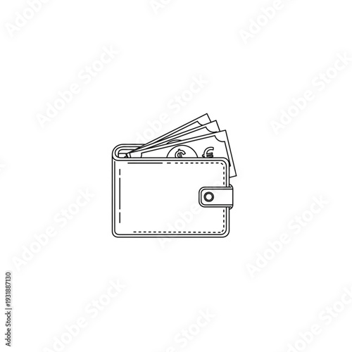 Wallet with cash and cards in minimalist black line art style  