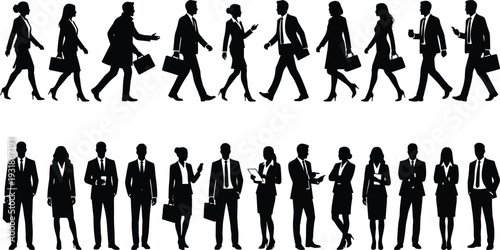 Black and white silhouette illustration of diverse business people walking standing holding briefcases and using phones isolated on white background for professional corporate concepts.