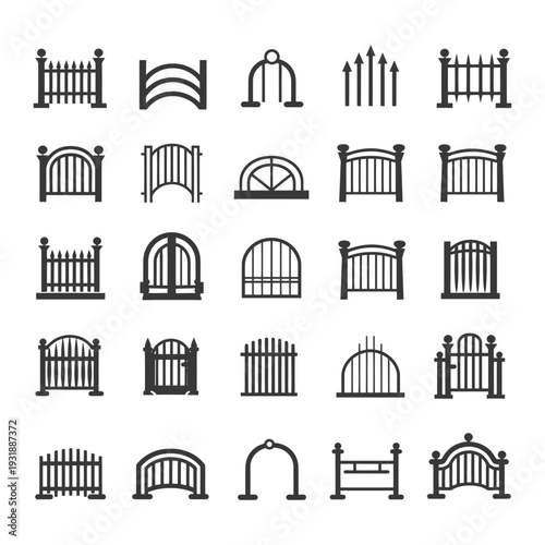 Collection of Black and White Fence and Gate Icons