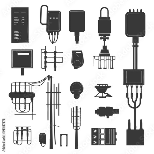 Collection of Black and White Electrical Equipment Silhouettes