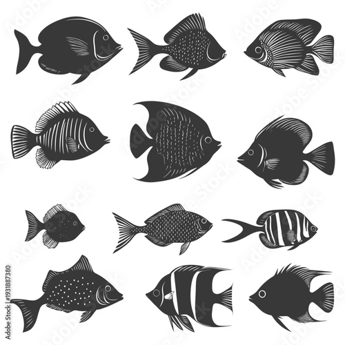 Collection of Black and White Fish Silhouettes