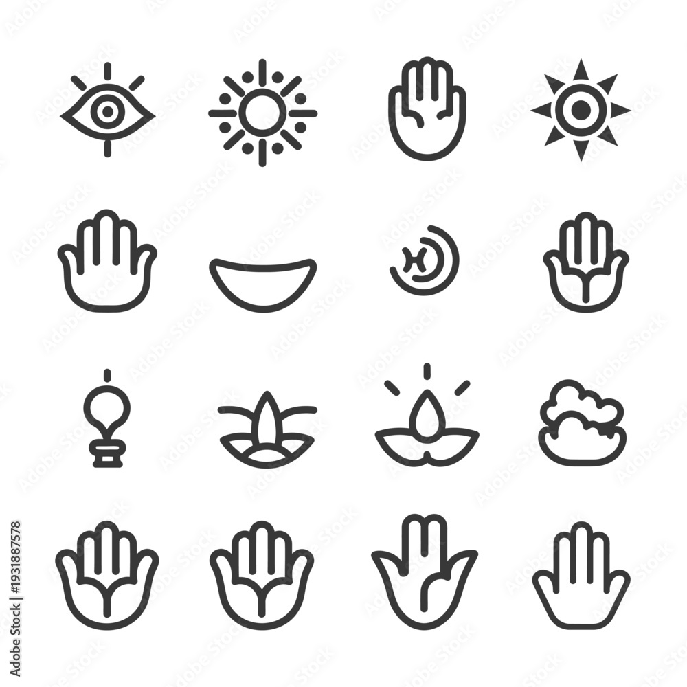 Fototapeta premium Collection of Black and White Line Icons Representing Spiritual and Mystical Concepts