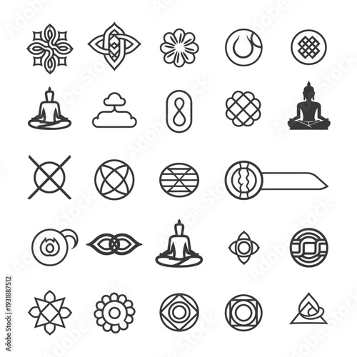 Collection of Black and White Line Art Symbols and Icons