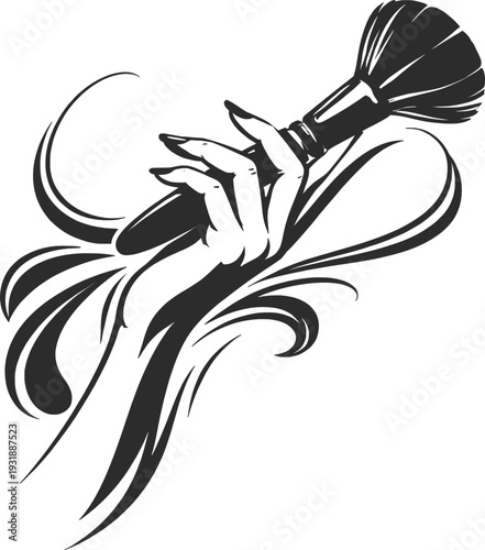 Woman Hand Holding Makeup Brush Beauty Line Art Illustration.