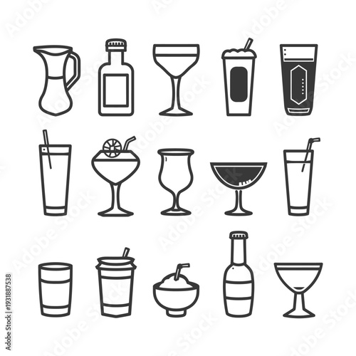 Collection of Black and White Line Drawings of Various Beverages and Drinking Vessels
