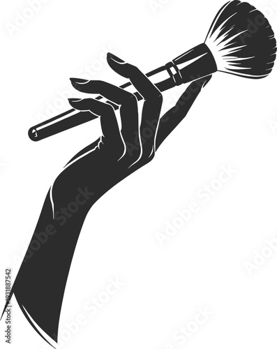 Woman Hand Holding Makeup Brush Beauty Line Art Illustration.