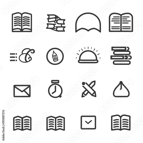 Collection of Black and White Line Icons Related to Books and Reading
