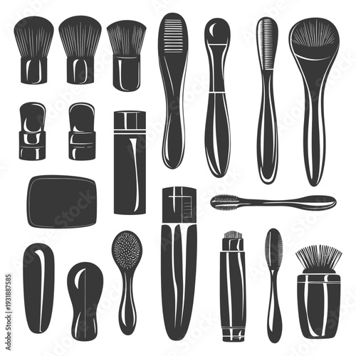 Collection of Black and White Makeup Brushes and Containers