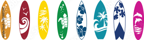 Vibrant surfboard bundle with tropical designs and sea creatures on colorful backgrounds for surfing and beach activities with palm trees and floral patterns