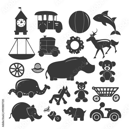 Collection of Black and White Silhouettes of Children's Toys