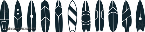 Collection of surfboards with unique designs and patterns for surfing enthusiasts and beach activities