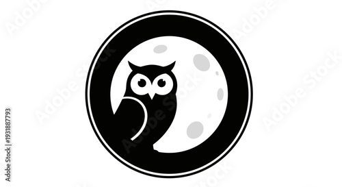 Owl silhouette against full moon in circle, night, wisdom, mystery