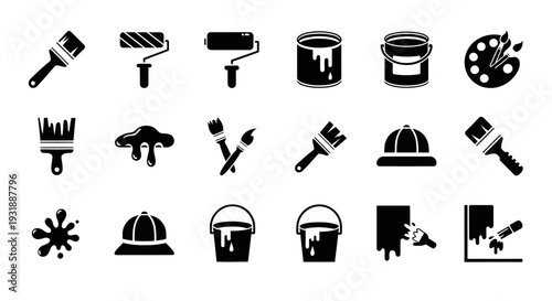 Painting Tools Icons: Brushes, Rollers, Paint Cans, Palette, Splatter