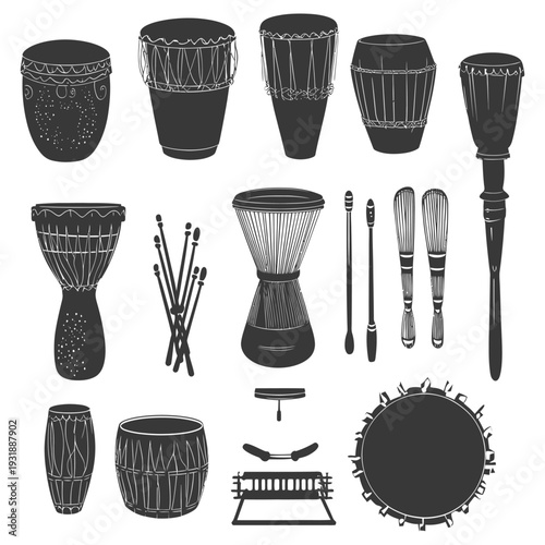 Collection of Black and White Silhouettes of Percussion Instruments