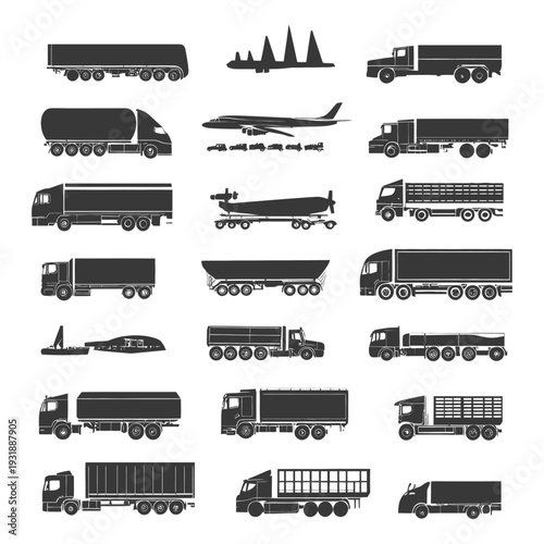 Collection of Black and White Silhouettes of Trucks, Trailers, and Airplanes