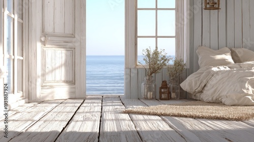 Coastal bedroom interior with open door ocean view and natural sunlight