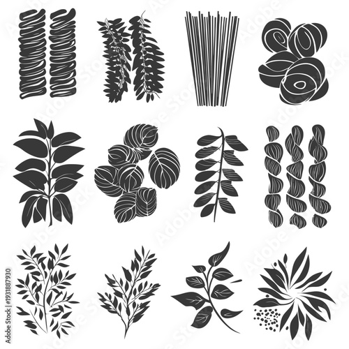 Collection of Black and White Silhouettes of Various Types of Pasta