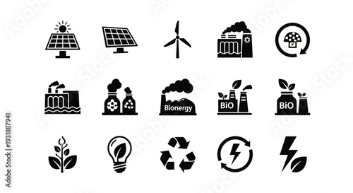 Renewable Energy Icons Set: Solar, Wind, Bioenergy, Recycle, Lightbulb