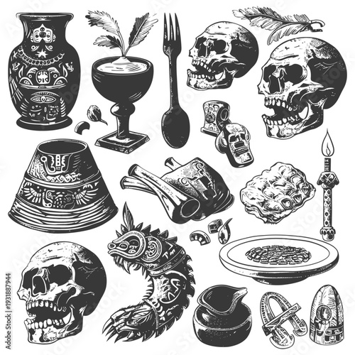 Collection of Black and White Skulls, Pottery, and Tribal Items