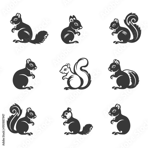 Collection of Black and White Squirrel Silhouettes in Various Poses