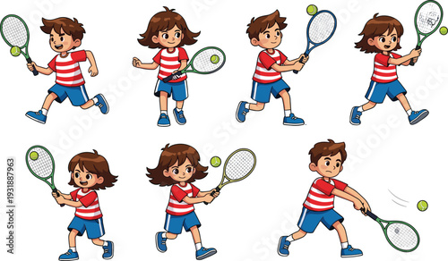 Cartoon children playing tennis with rackets and balls kids