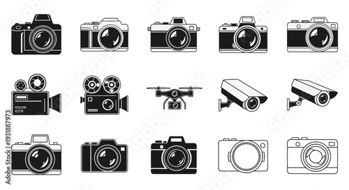 Retro and Modern Camera Icons: DSLR, Vintage, Drone, CCTV Surveillance