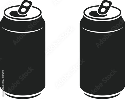 Aluminum soda cans silhouette, blank beverage containers set, soft drink packaging mockup, black vector illustration isolated on white