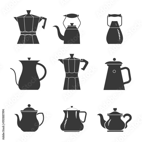 Collection of Black and White Teapots and Coffee Pots