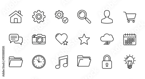 Set of Hand Drawn UI Icons: Home, Settings, Search, User, Cart, Chat, Camera, Heart, Star, Cloud, Calendar