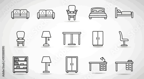 Set of outline icons representing furniture and home decor items