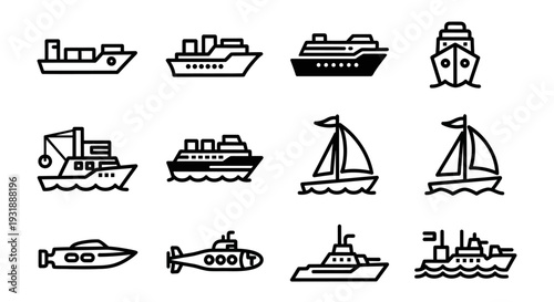 Set of Ship Icons: Cargo, Cruise, Sailboat, Submarine, Yacht, Tugboat