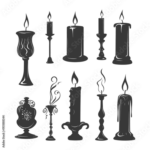 Collection of Candle Silhouettes with Flames and Holders